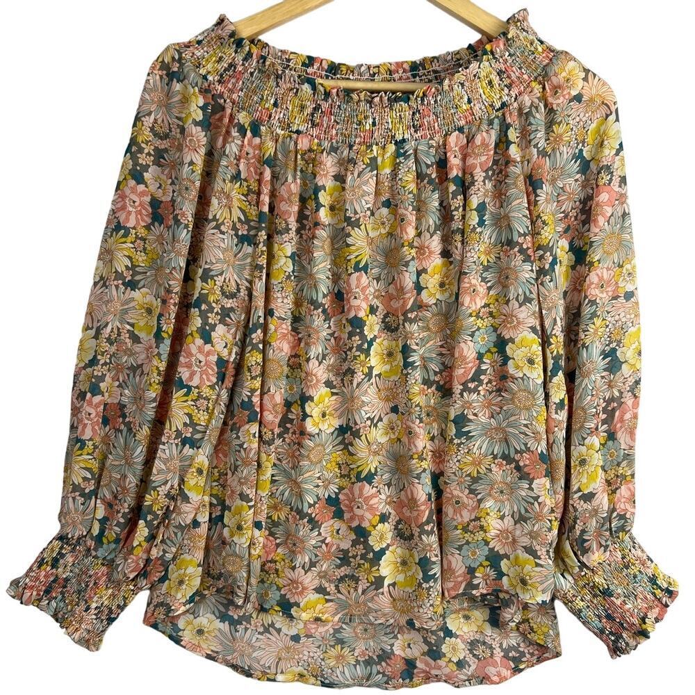 Umgee M Floral Smocked Neck/Cuffs Boho Off-the-Shoulder Bell Sleeve Top Peasant